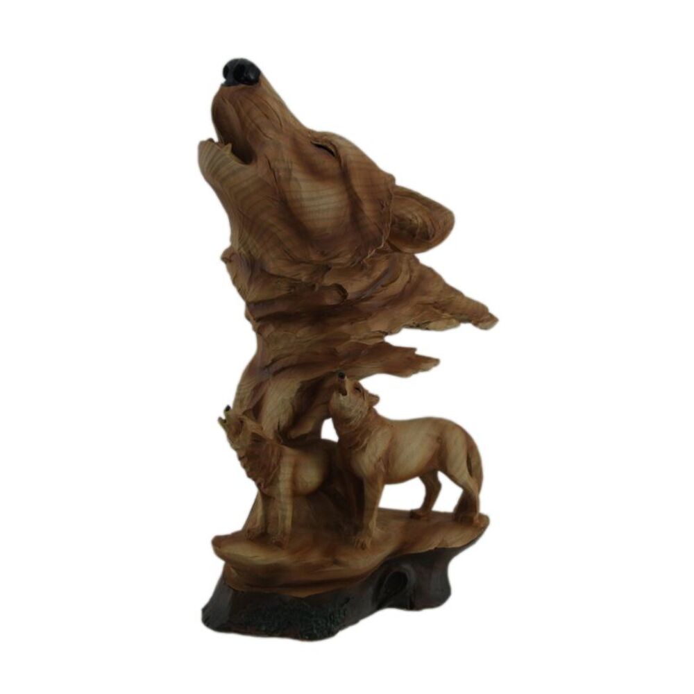 Carved Wood Look Howling Wolf Couple Figural Statue